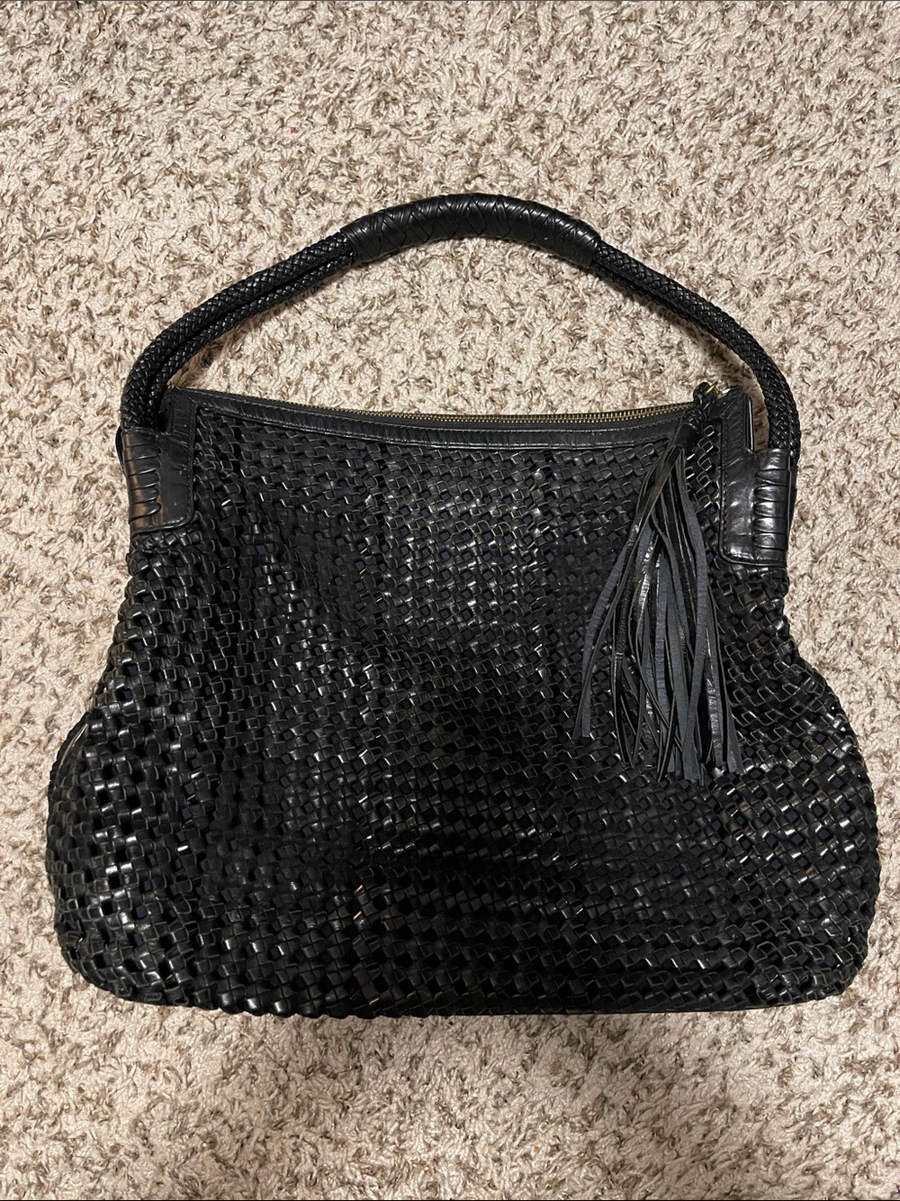 Tory Burch Black Woven Leather Shoulder Bag with Tassel